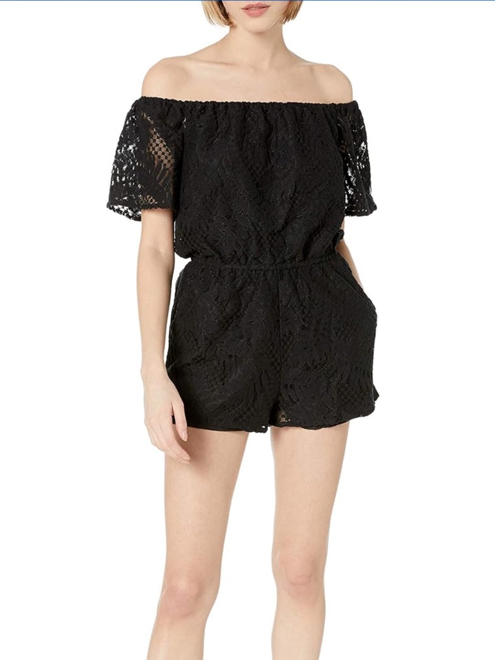 BBDakota Black Haidyn Off the Shoulder Lace Romper XS
